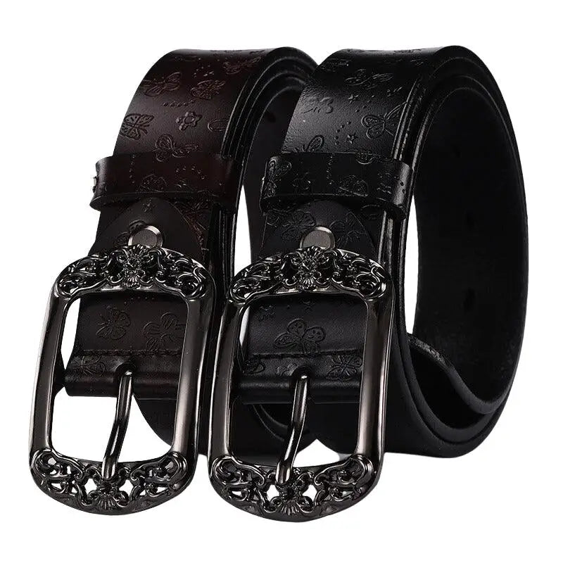 Elegant patterned leather belts with ornate buckles in White, Black, and Red options