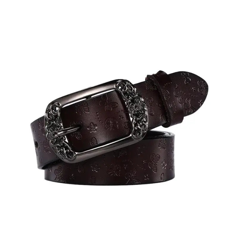 Brown leather belt with an ornate buckle from Ornate Buckle Belts collection