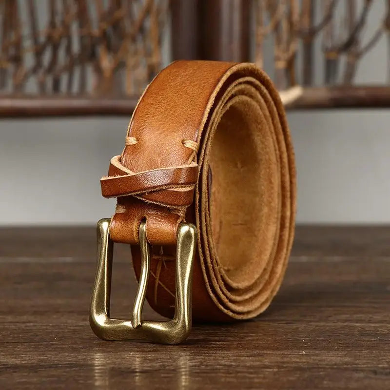Brown leather belt with brass buckle displayed for Red Leather Belt with Brass Buckle product