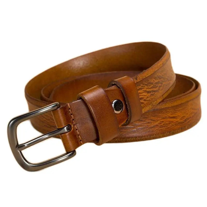 Brown leather belt with metal buckle for Anaa Model, stylish and durable accessory