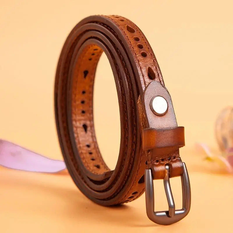 Anei Leather Belt with Decorative Perforations and Metal Buckle for Men