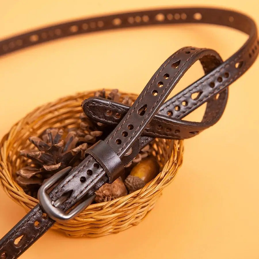 Anei Leather Belt with Metal Buckle and Knot Design featuring decorative perforations