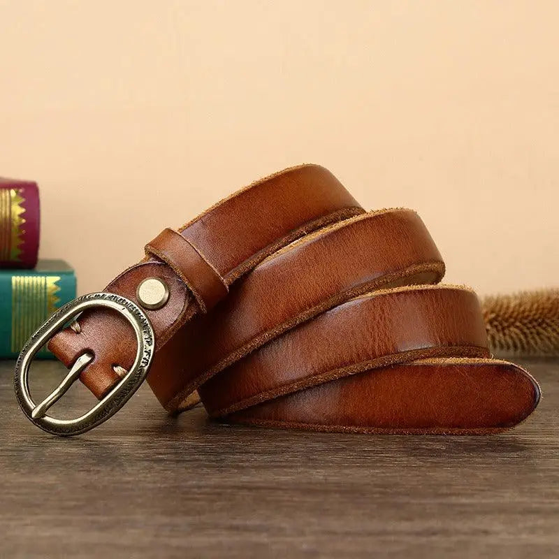 Anjali Leather Belt with Oval Gold Finish Buckle in Brown Leather for stylish outfits