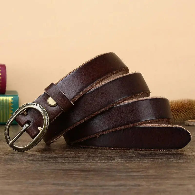 Anjali Leather Belt with Oval Buckle in Brown Leather and Gold Finish
