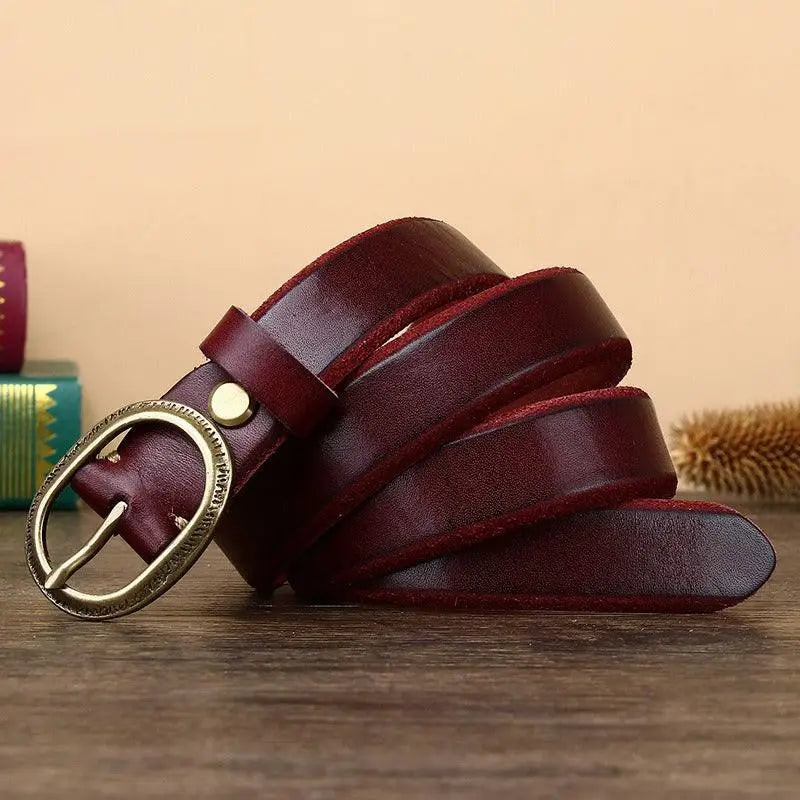 Anjali Leather Belt with Oval Buckle in Brown Leather and Gold Finish