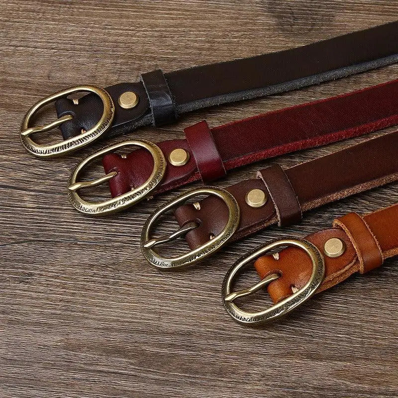 Anjali Leather Belt with Oval Buckle in Brown Leather and Gold Finish