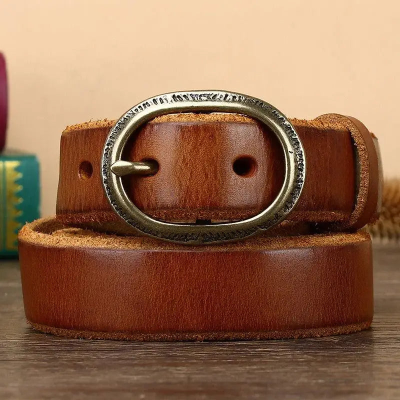 Anjali Leather Belt with Oval Buckle in Brown Leather and Gold Finish for women