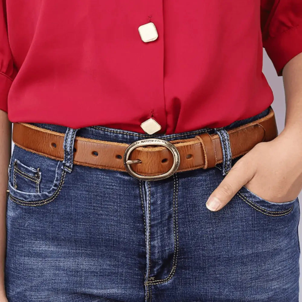 Anjali Leather Belt with Oval Buckle in Brown Leather and Gold Finish featuring a stylish design