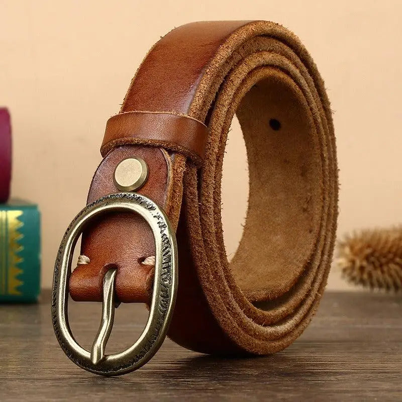 Anjali Leather Belt with Oval Buckle in Brown Leather and Gold Finish