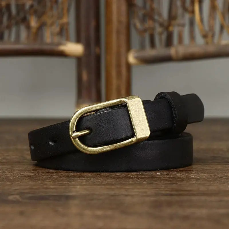 Set of four full-grain leather belts with gold buckles and black leather design