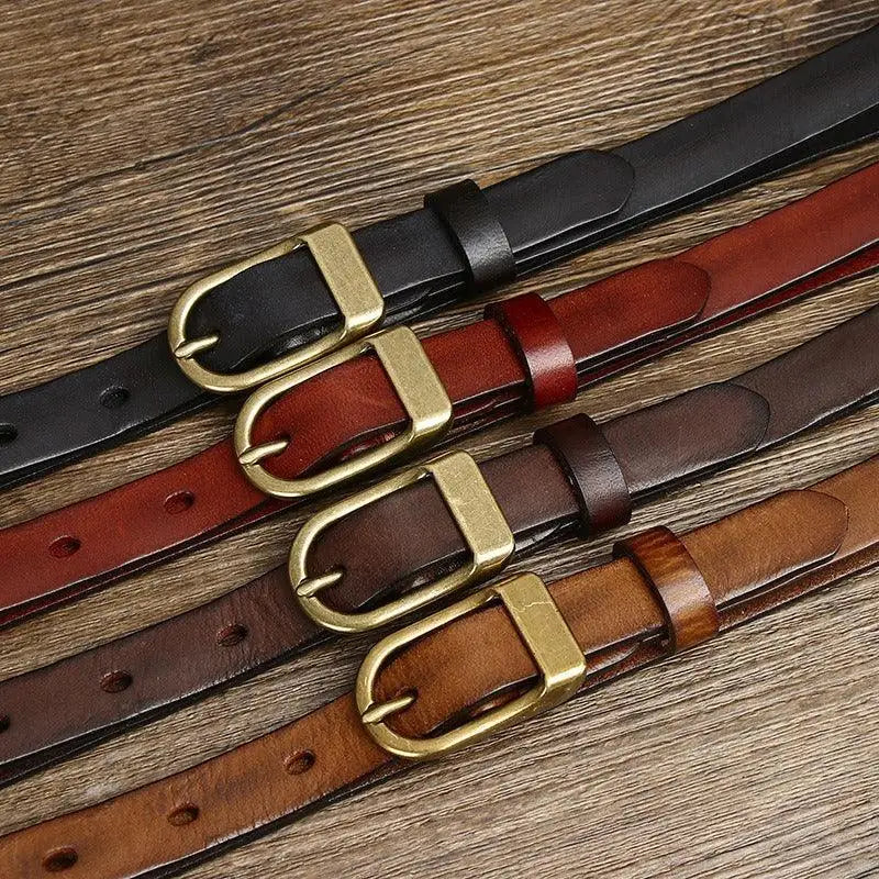 Set of four full-grain leather belts with brass and gold buckles for men’s accessories