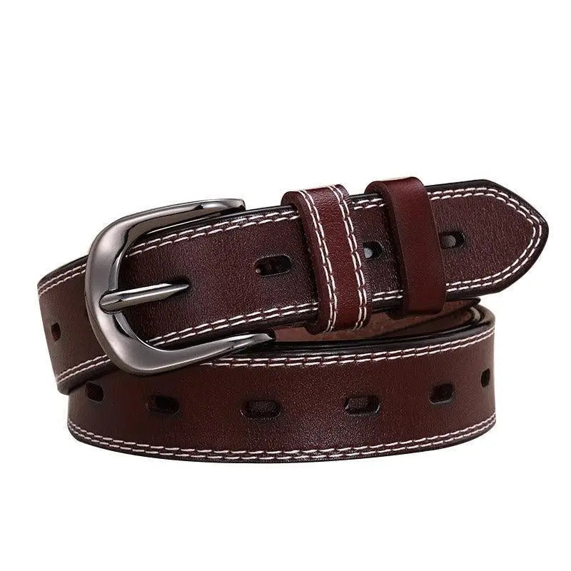 Brown leather belt with silver buckle featuring a multiple hole design