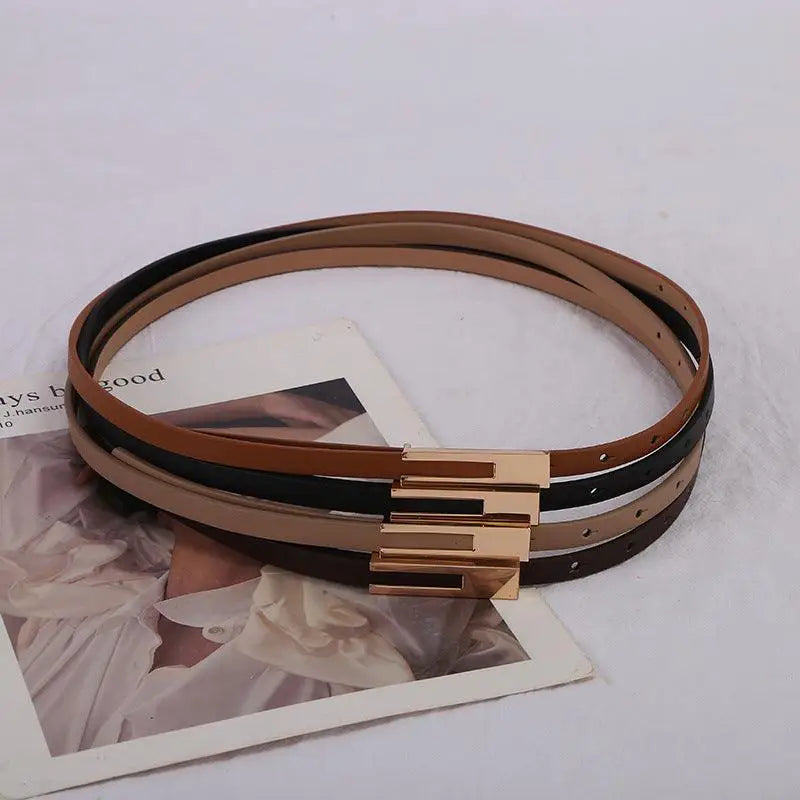Women’s leather belts in black and gray with gold buckles, stylish women’s leather accessories