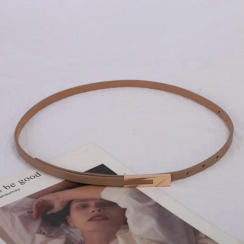 Thin brown women’s leather belt with gold buckle for stylish accessories
