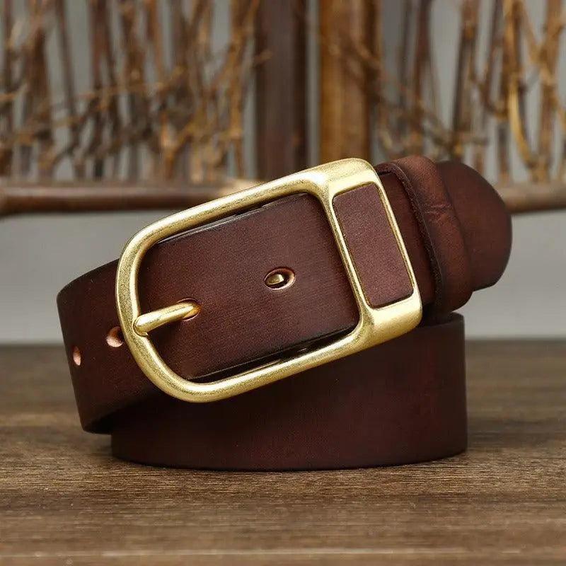 Brown leather belt with a gold buckle from Leather Belts with Brass and Gold Buckles for Men
