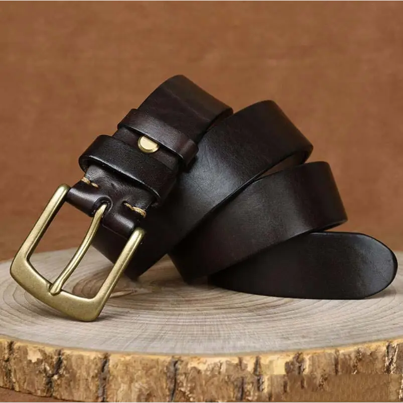 Dark brown leather belt with brass buckle from Caesia Leather for men