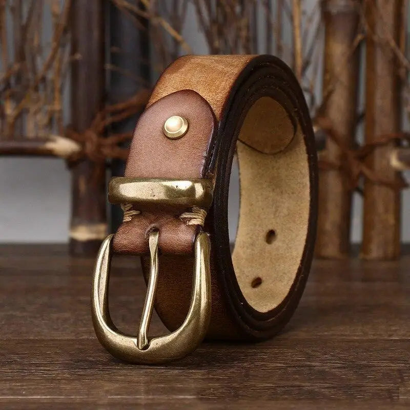 Full-grain leather belt with brass buckle for timeless style and durability