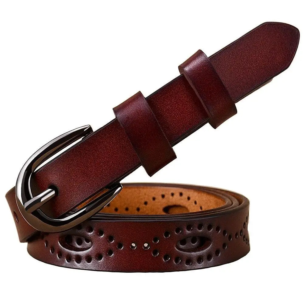 Caia Genuine Leather Brown Belt with Decorative Perforations and Silver Buckle