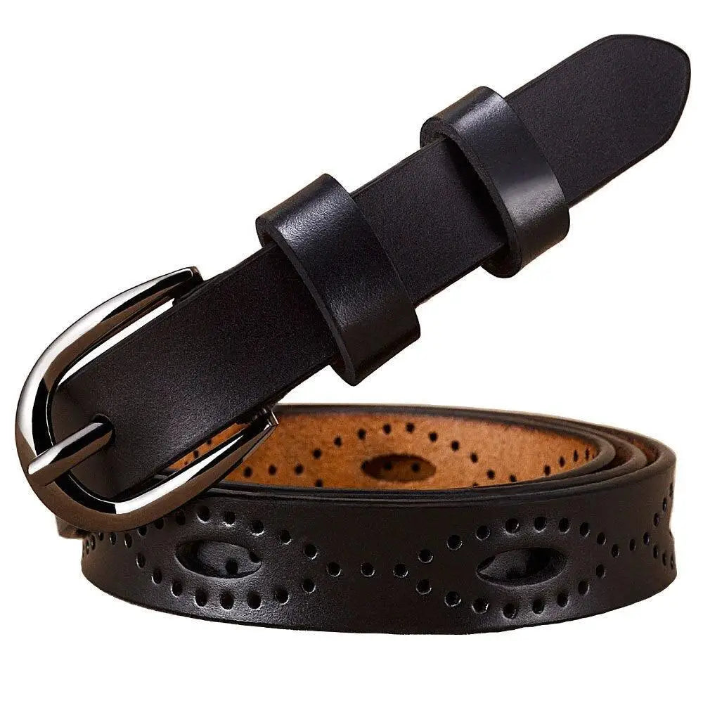 Caia Genuine Leather Brown Belt with Decorative Perforations and Silver Buckle