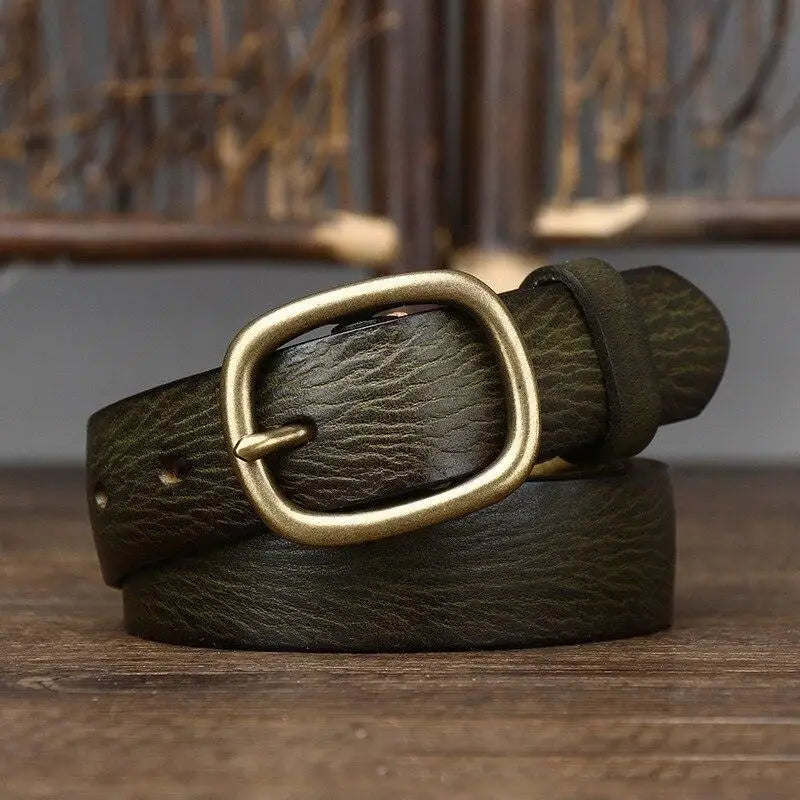 Olive green Claniuniu belt made of full-grain leather with brass buckle for stylish wear