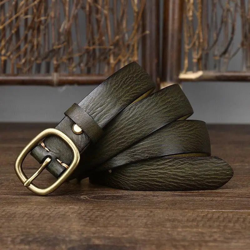 Olive green Claniuniu belt made of full-grain leather with brass buckle for elegant style