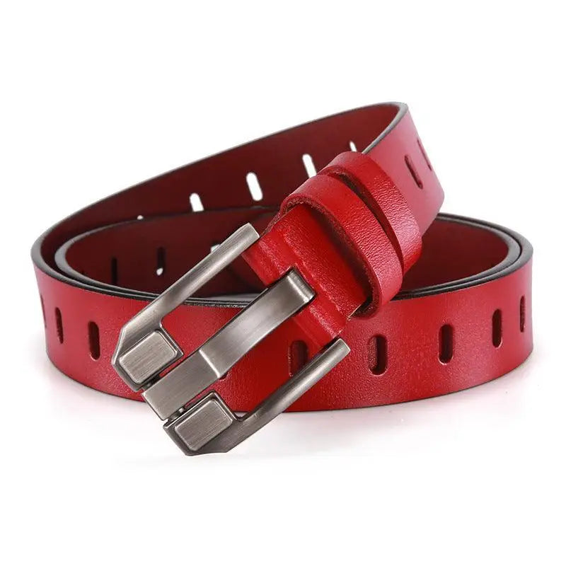Red leather belt with metal buckle from Gulisa Leather in Distressed Denim Shorts product
