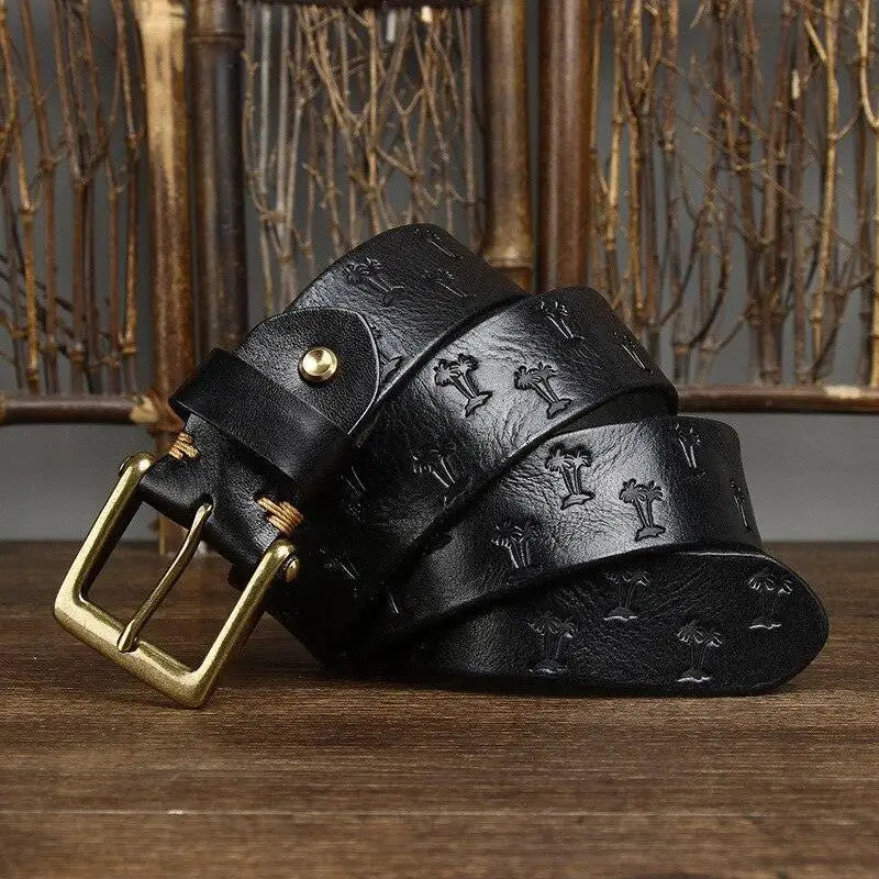 Women’s leather belt with palm tree pattern and metal buckle for stylish accessories