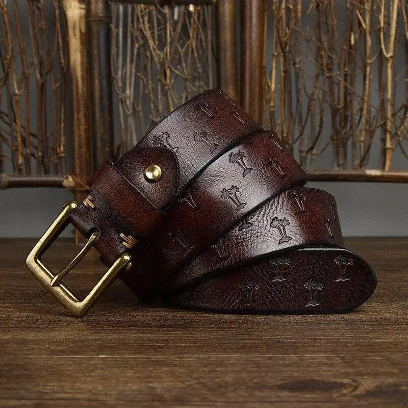 Women’s leather belt with palm tree pattern and metal buckle made of genuine leather