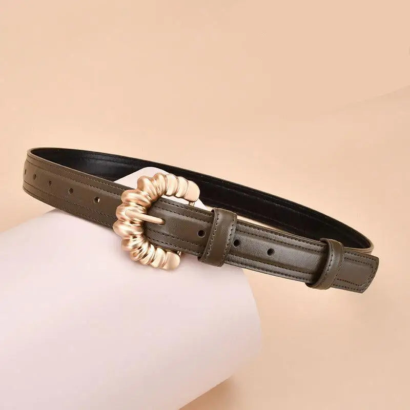 Olive-green Jila Leather Belt with Gold Buckle suitable for elegant style
