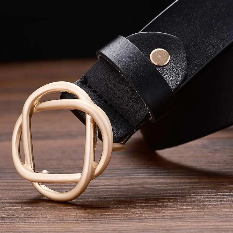Genuine leather women’s belt with snap buckle and gold interlocking geometric buckle