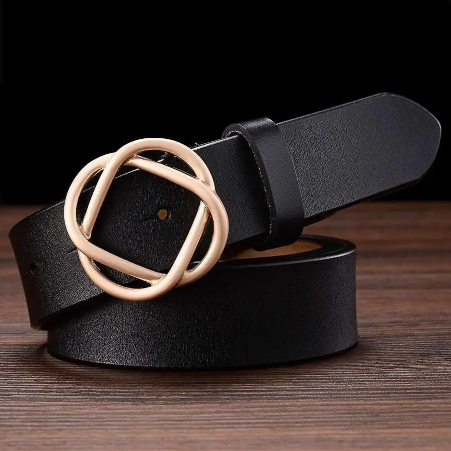 Genuine leather women’s belt with snap buckle and gold interlocking circle buckle