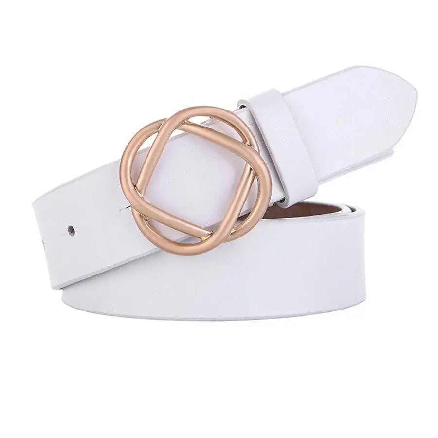 Genuine leather women’s belt with snap buckle and gold geometric buckle detail