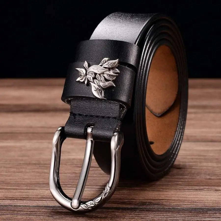 Natalia Model Leather Belt with Silver Floral Buckle for elegant accessories