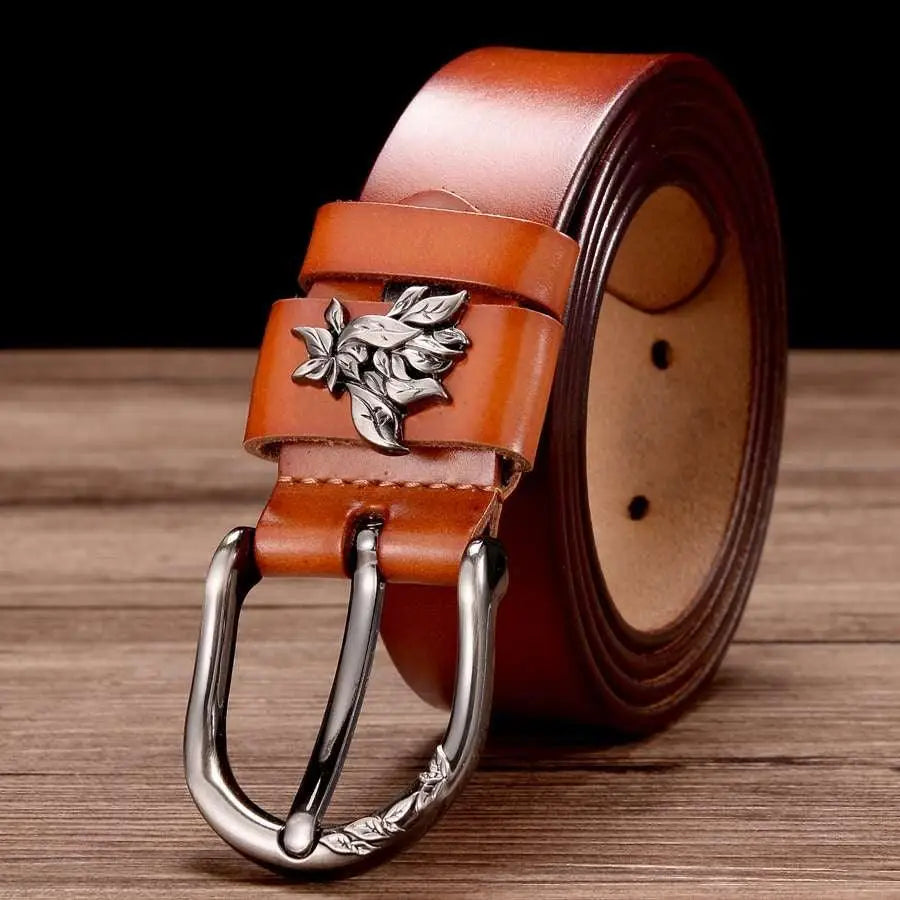Brown leather belt with floral buckle from Natalia Model Leather collection