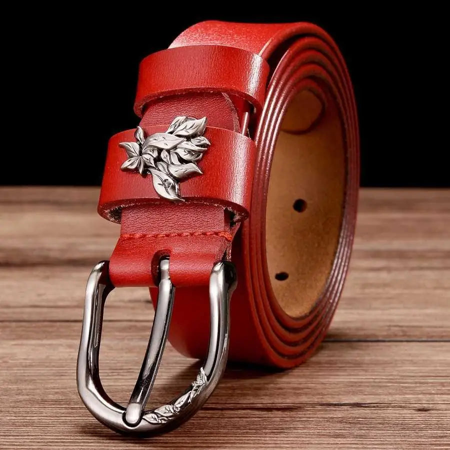 Red leather belt featuring floral buckle from the Natalia Model Leather Belt collection