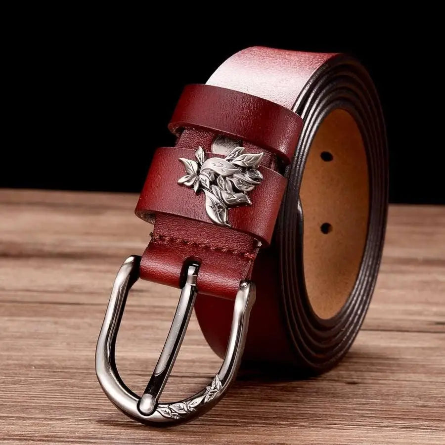 Natalia Model Leather Belt with Decorative Silver Floral Buckle on Burgundy leather