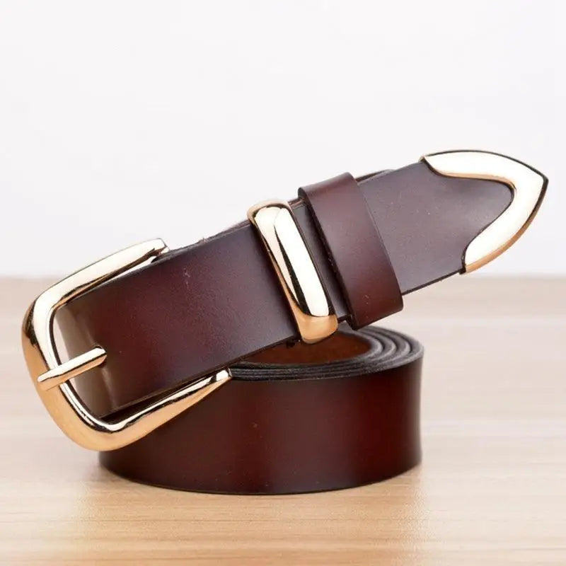 Women’s leather belt with gold buckle showcasing stylish denim accessory for women