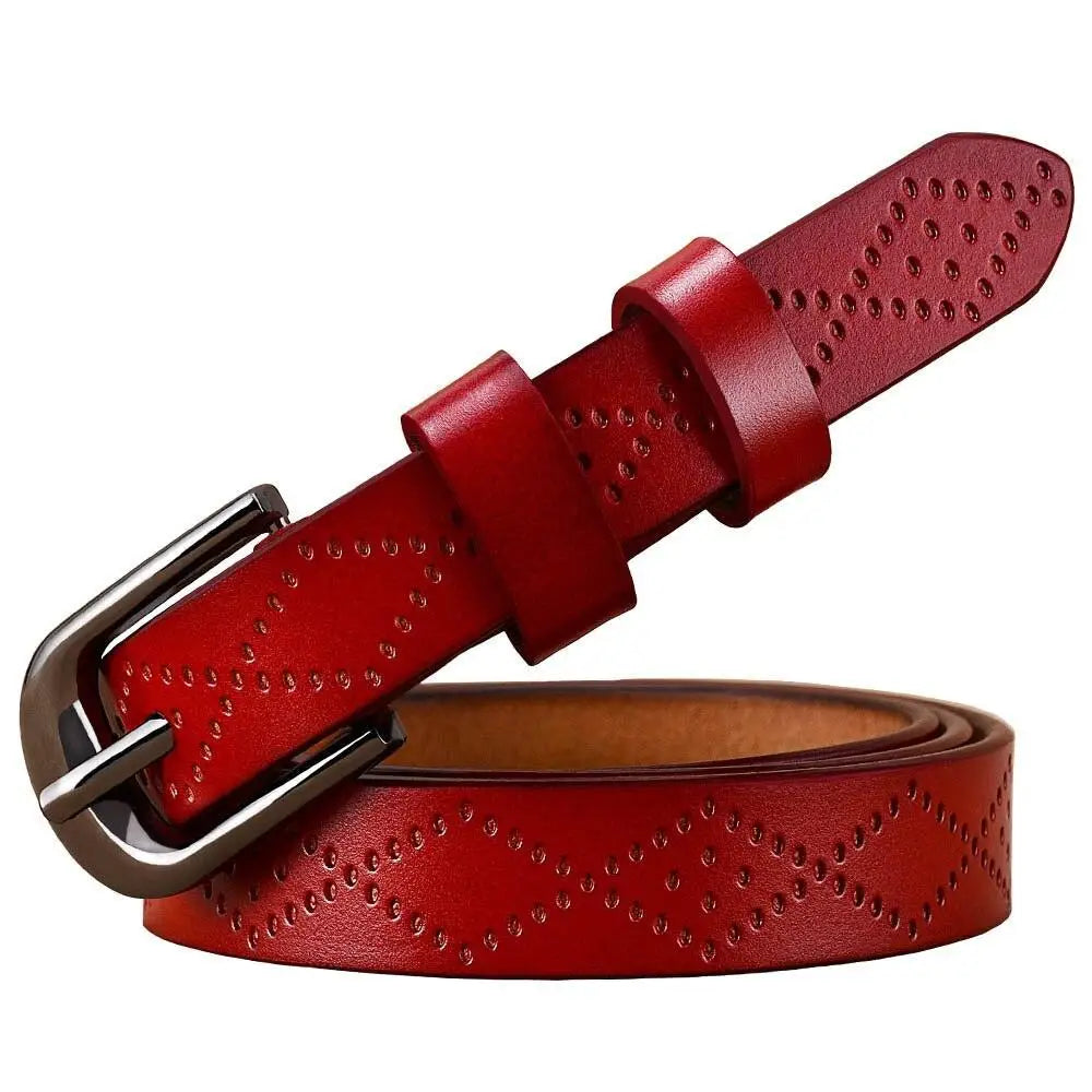 Red leather belt from Pinaria Leather Belt Collection with diamond pattern and silver buckle