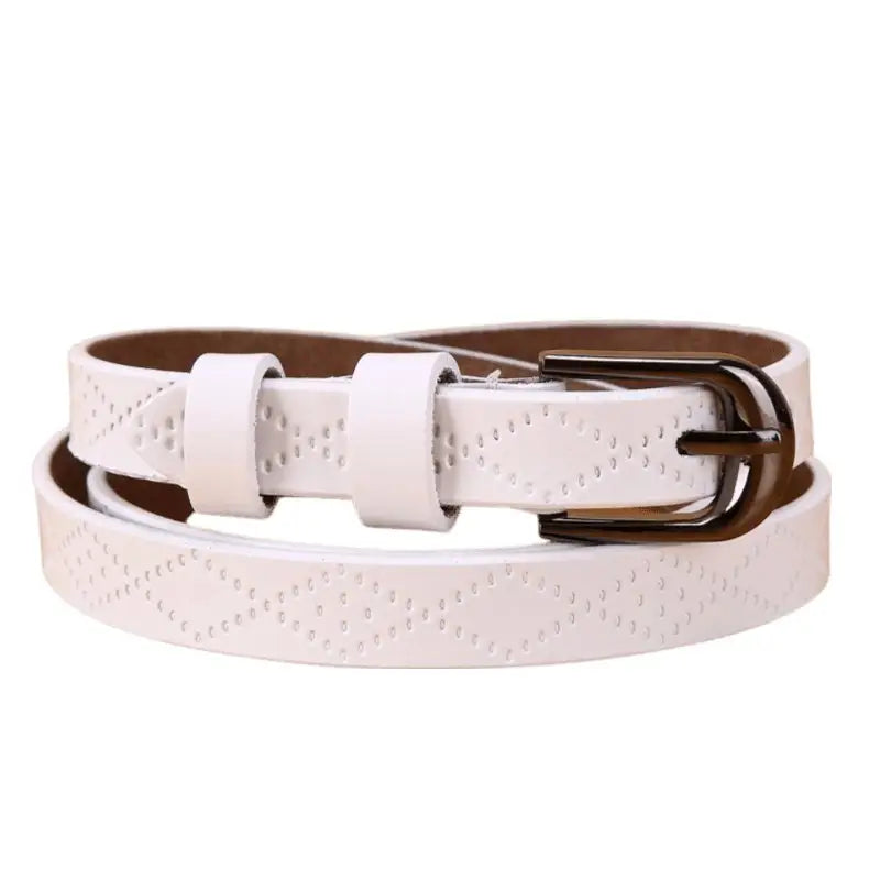 White leather belt with dark buckle from Pinaria Leather Belt Collection