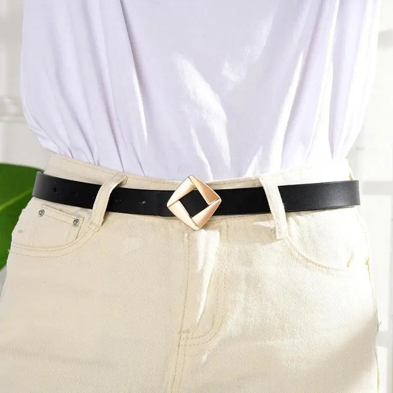 Genuine leather belt with black strap and gold diamond buckle for elegant style