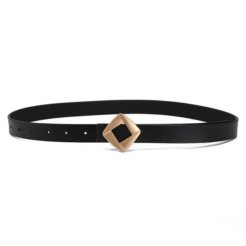 Genuine leather belt featuring a black finish and a gold square buckle with diamond detail