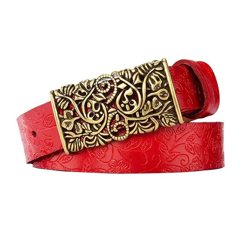 Red leather belt with ornate gold buckle displayed on a product named Brown Leather Belt for Women