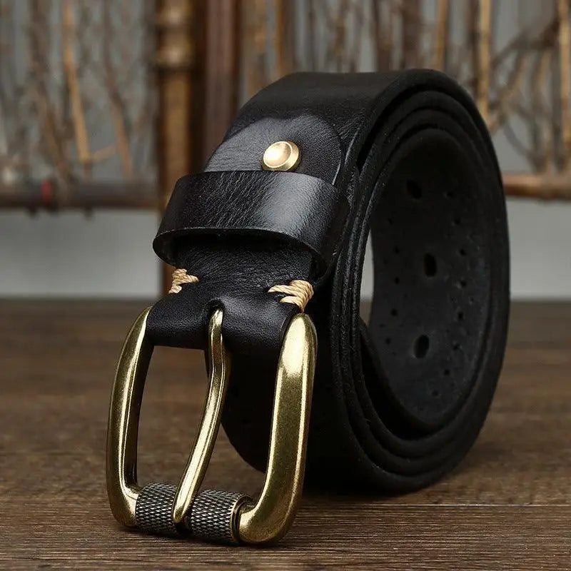 Black leather belt with brass buckle from Leather Belts with Decorative Perforations collection