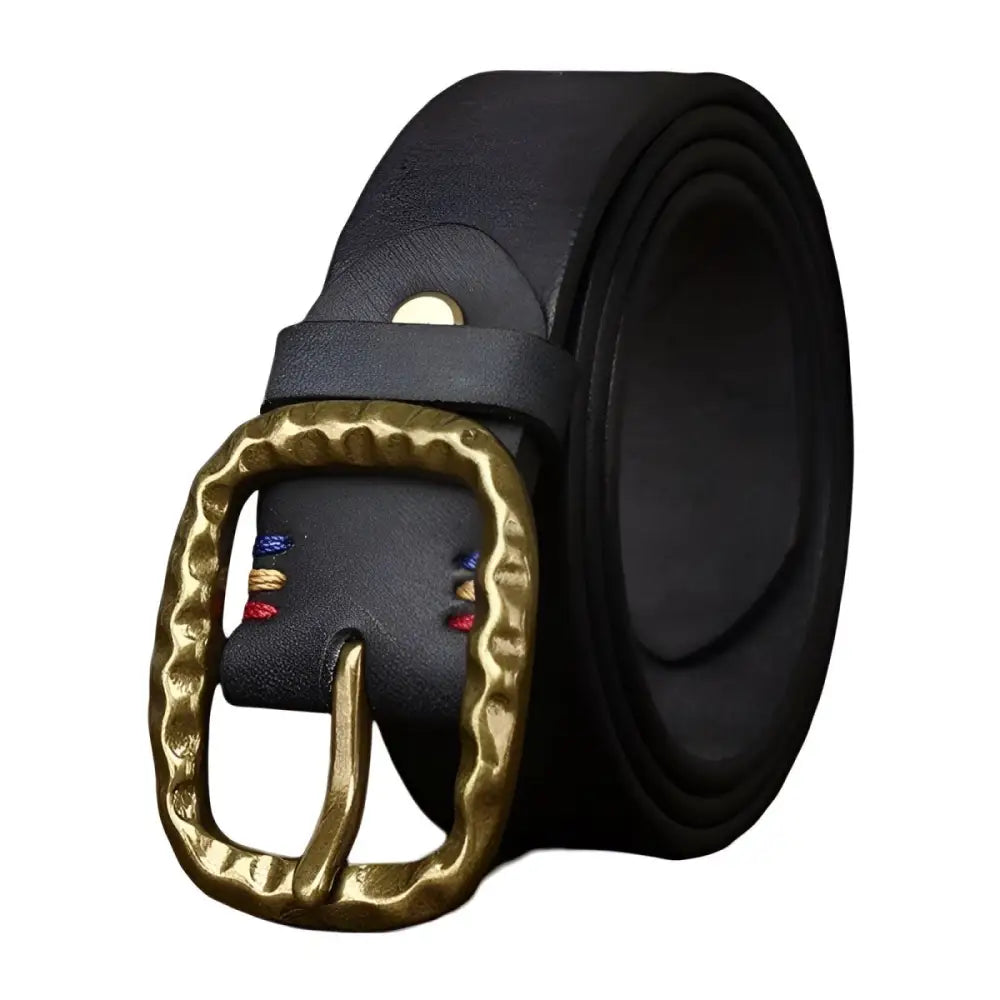 Black leather belt with hammered gold buckle from the Tahirah Model collection