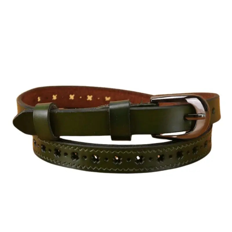 Green leather belt with decorative perforations from Leather Belts with Decorative Cutouts and Buckle Options