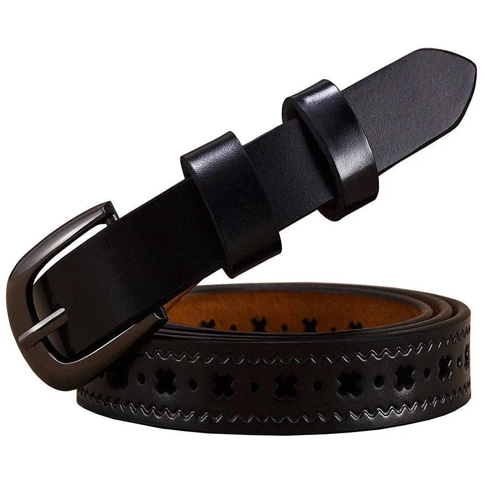 Black leather belt with decorative cutouts and adjustable buckle options