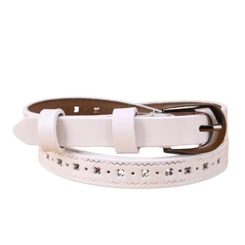 White leather belt with decorative perforations from Leather Belts with Decorative Cutouts and Buckle Options