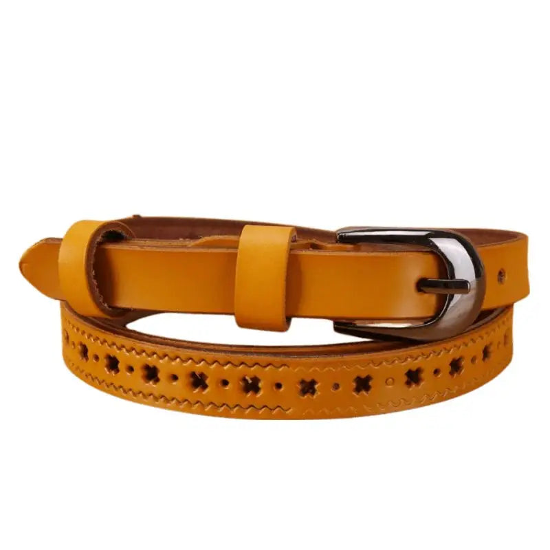 Yellow leather belt with decorative perforations from Leather Belts with Decorative Cutouts and Buckle Options
