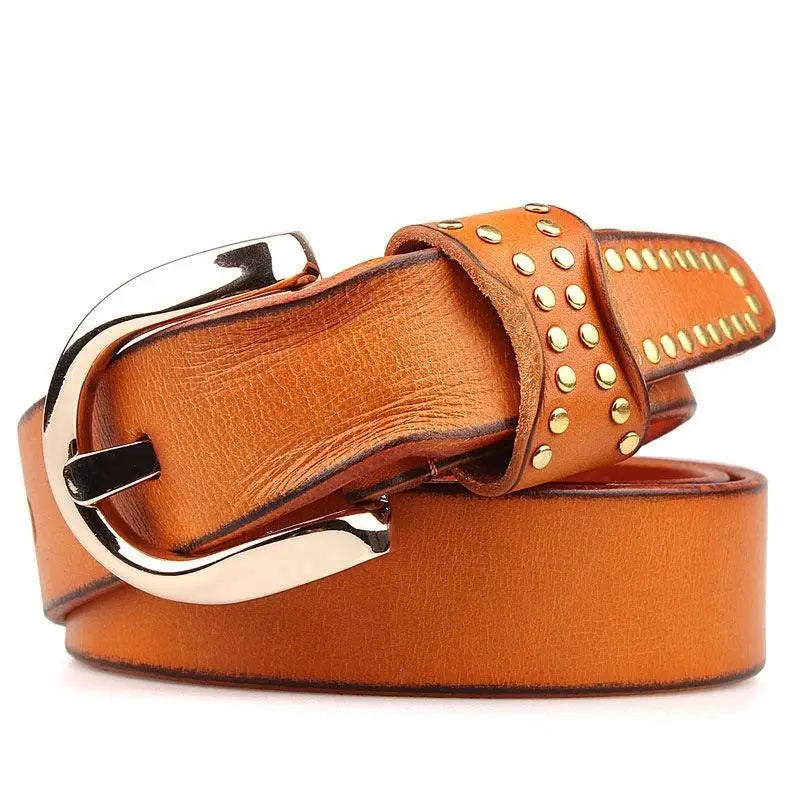 Brown leather belt with gold studs and buckle from Assorted Studded Leather Belts with Gold Accents