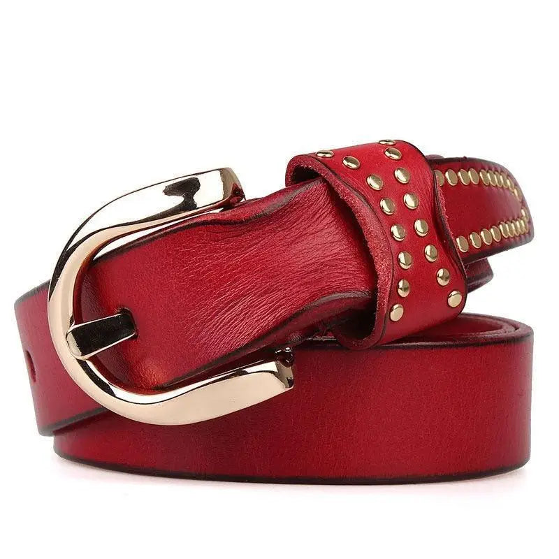 Red leather belt with gold buckle and studs from Assorted Studded Leather Belts with Gold Accents